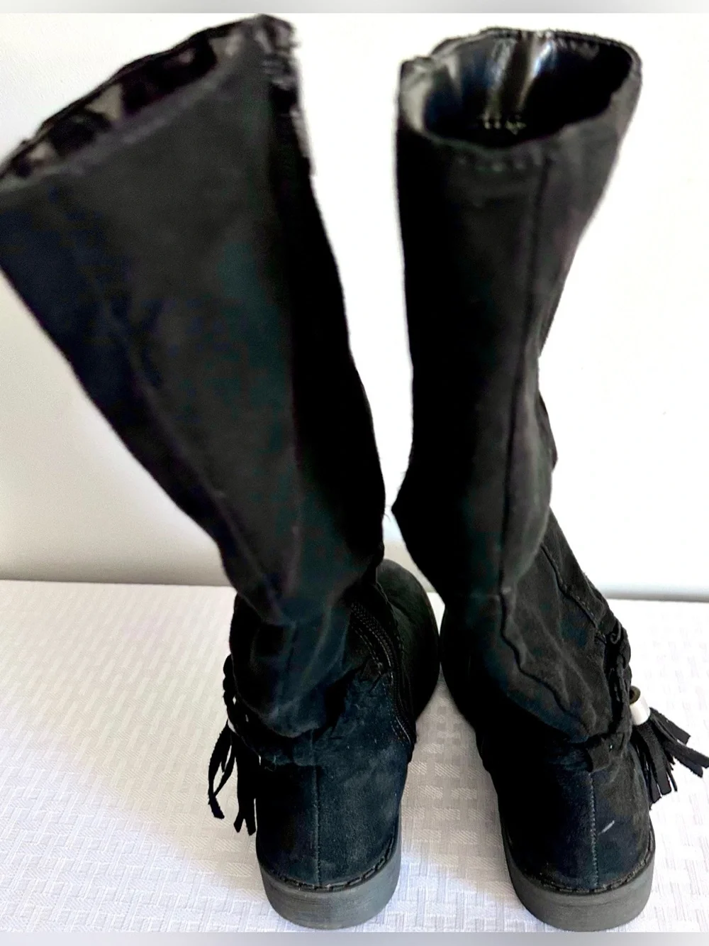 SO Girls Black Slouch Boots Size 13 Braided Tassel Side Zip Mid Calf